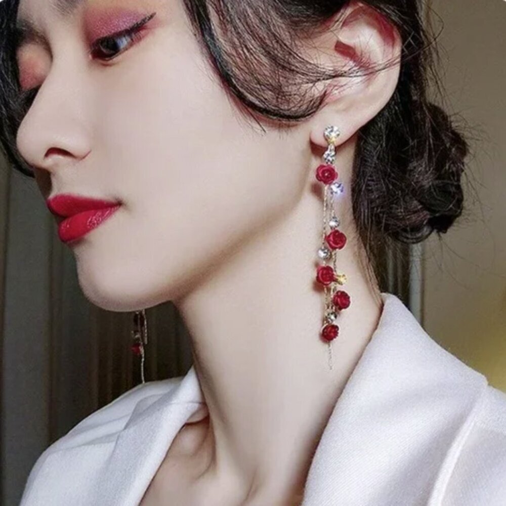 Cascade of Roses Earrings Rhinestone Long Tassel Red